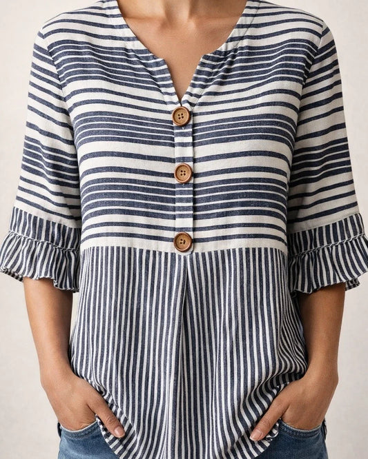 Women's Lace-Trimmed Short-Sleeve Casual Loose-Fit Striped Shirt | JRSEE:8f361a8b-cadd-4900-ab20-3820811c1374