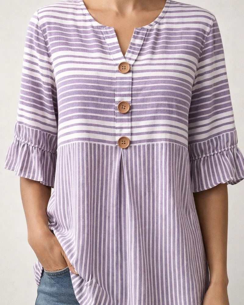 Women's Lace-Trimmed Short-Sleeve Casual Loose-Fit Striped Shirt | JRSEE:80a9b837-bd25-41e0-9037-fb2caf14ccd9