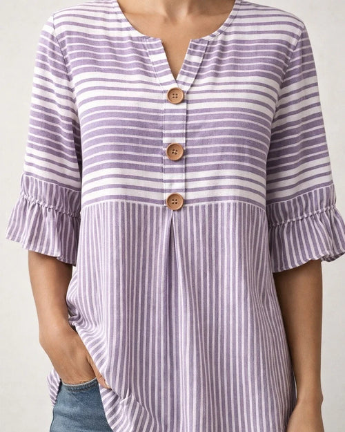 Women's Lace-Trimmed Short-Sleeve Casual Loose-Fit Striped Shirt | JRSEE:80a9b837-bd25-41e0-9037-fb2caf14ccd9