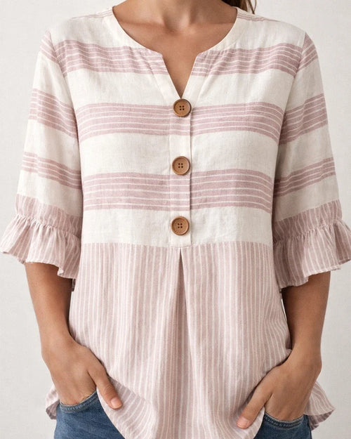 Women's Lace-Trimmed Short-Sleeve Casual Loose-Fit Striped Shirt | JRSEE:3b6acbd0-28d5-4f02-b189-4a969b18d715