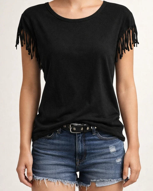 Women's Large Size Round Neck Short Sleeve Tassel Knot T-shirt Top | JRSEE:ea6c7024-09c3-43a8-9a14-53c21b061768