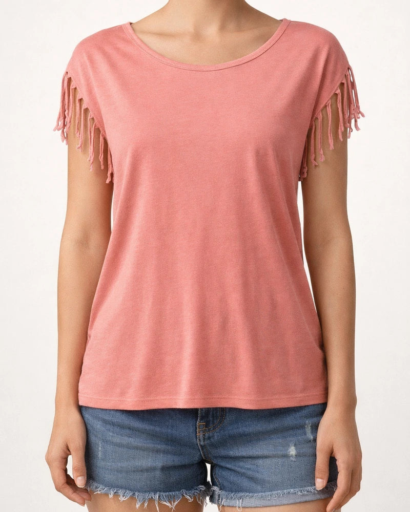 Women's Large Size Round Neck Short Sleeve Tassel Knot T-shirt Top | JRSEE:006b17fe-7463-43b4-b46f-6caf26df2a71