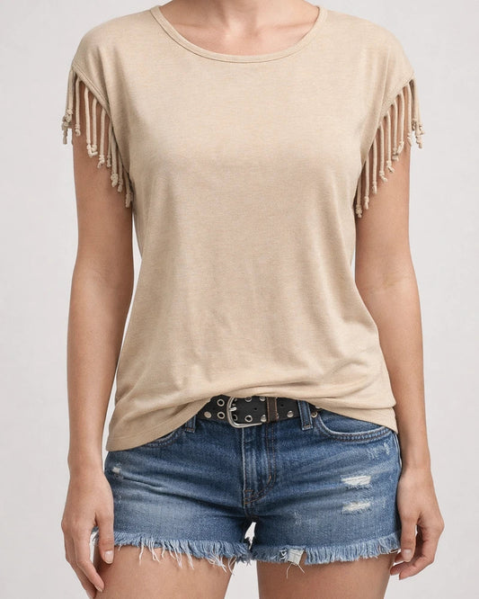 Women's Large Size Round Neck Short Sleeve Tassel Knot T-shirt Top | JRSEE:2bebbb9c-f8f4-4646-b003-c82999a7ee43