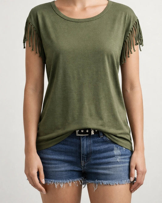 Women's Large Size Round Neck Short Sleeve Tassel Knot T-shirt Top | JRSEE:3d775065-5c2d-46ec-94b1-80b30254f239