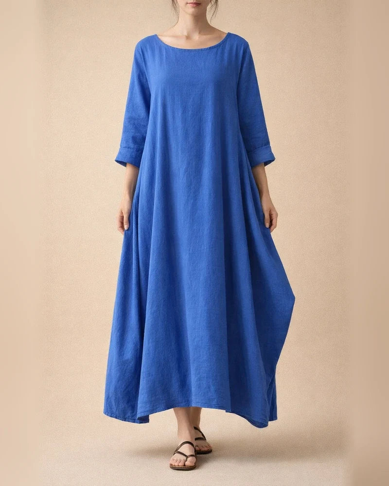 Women's Linen Dress Shift Dress Long Dress Maxi Dress Green Red Light Blue White Black 3/4 Length Sleeve Pure Color Pocket Fall Spring Boat Neck Basic Casual Loose Fit 2022 L XL XXL 3XL 4XL 5XL | JRSEE:3cd7a260-5812-4fa5-a534-d1812e22eb87