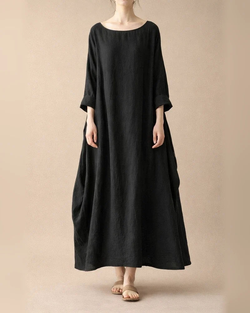 Women's Linen Dress Shift Dress Long Dress Maxi Dress Green Red Light Blue White Black 3/4 Length Sleeve Pure Color Pocket Fall Spring Boat Neck Basic Casual Loose Fit 2022 L XL XXL 3XL 4XL 5XL | JRSEE:e29a34eb-d51c-4736-af97-2d629cb0c6f7