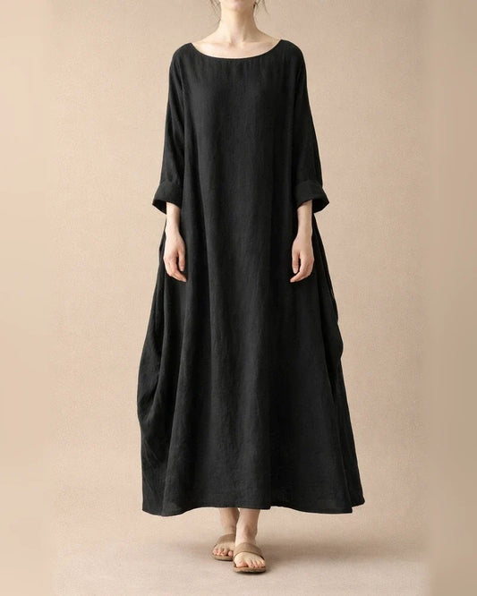 Women's Linen Dress Shift Dress Long Dress Maxi Dress Green Red Light Blue White Black 3/4 Length Sleeve Pure Color Pocket Fall Spring Boat Neck Basic Casual Loose Fit 2022 L XL XXL 3XL 4XL 5XL | JRSEE:e29a34eb-d51c-4736-af97-2d629cb0c6f7