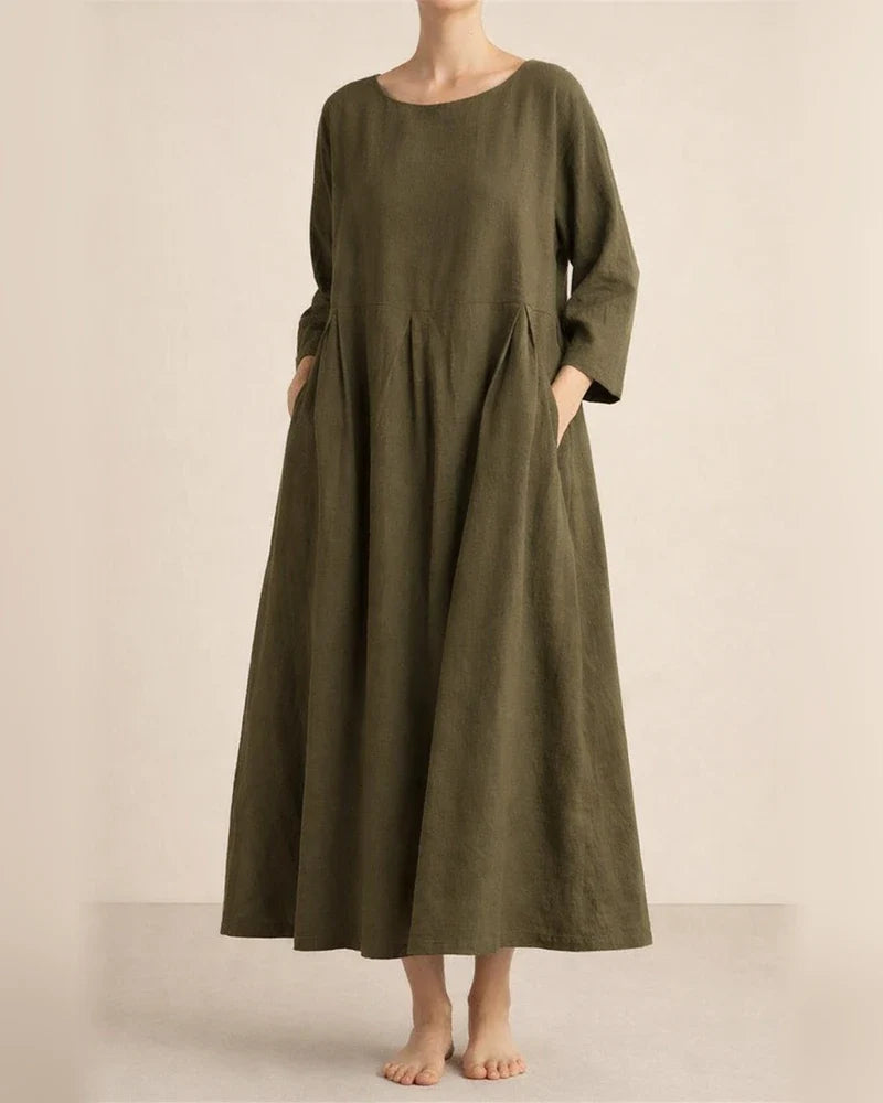 Women's Long-sleeved Big Yards Loose Cotton Linen Dress Over The Head Round Neck Knee-length Solid Color Long A-line Skirt | JRSEE:01c4bed9-5736-479b-8426-d4ae7621d18f