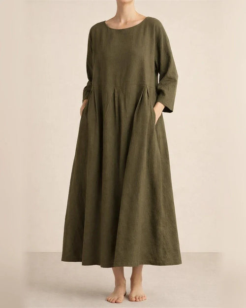 Women's Long-sleeved Big Yards Loose Cotton Linen Dress Over The Head Round Neck Knee-length Solid Color Long A-line Skirt | JRSEE:01c4bed9-5736-479b-8426-d4ae7621d18f