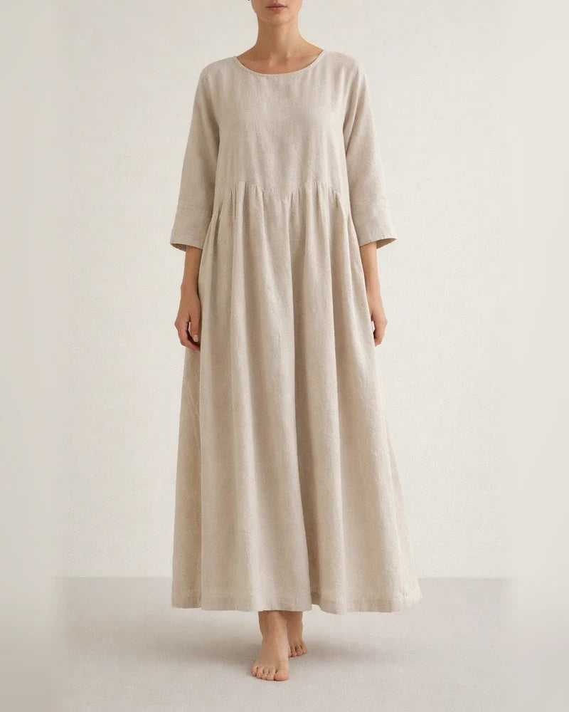 Women's Long-sleeved Big Yards Loose Cotton Linen Dress Over The Head Round Neck Knee-length Solid Color Long A-line Skirt | JRSEE:2ca8f6a7-ae39-4359-ad3a-fc95519dd047