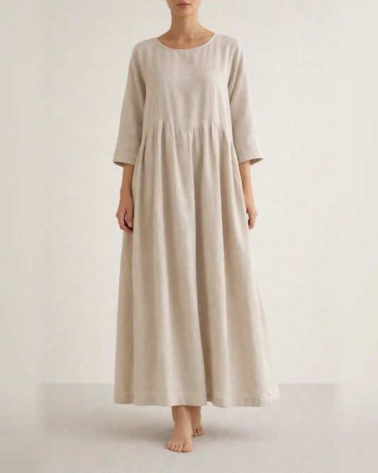 Women's Long-sleeved Big Yards Loose Cotton Linen Dress Over The Head Round Neck Knee-length Solid Color Long A-line Skirt | JRSEE:2ca8f6a7-ae39-4359-ad3a-fc95519dd047