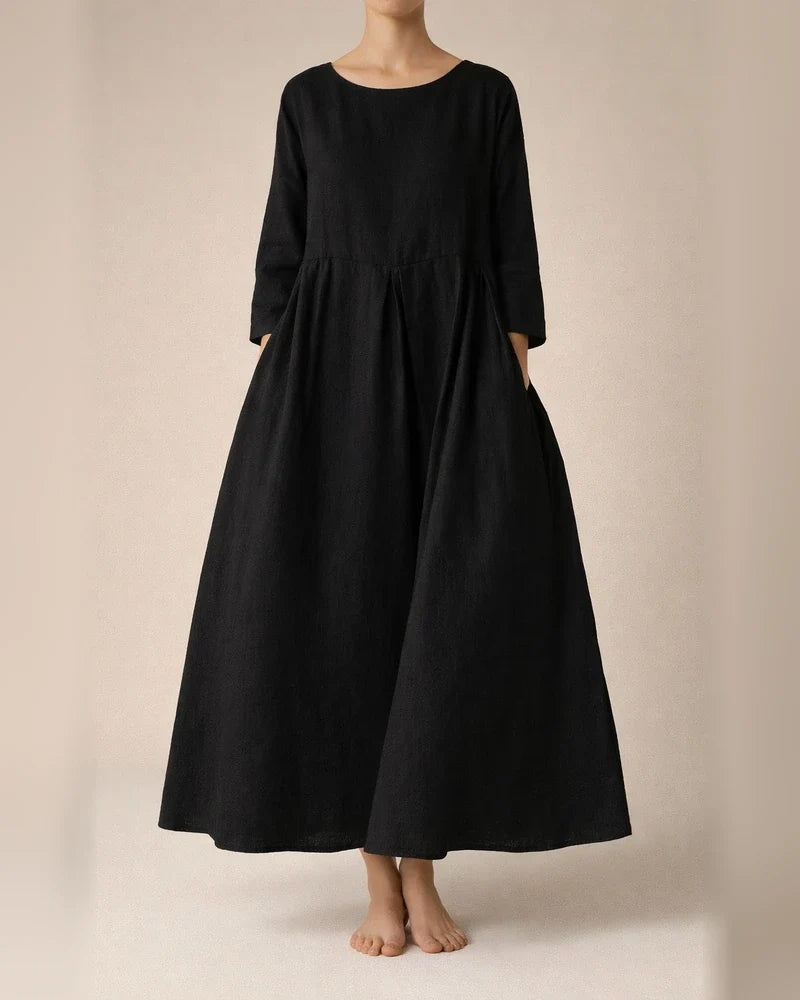 Women's Long-sleeved Big Yards Loose Cotton Linen Dress Over The Head Round Neck Knee-length Solid Color Long A-line Skirt | JRSEE:9aa75da5-a1f1-4607-ad63-37374a9cabde