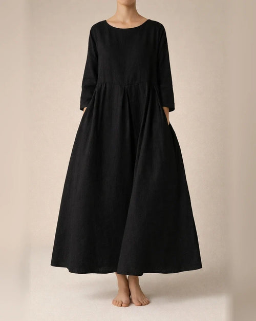 Women's Long-sleeved Big Yards Loose Cotton Linen Dress Over The Head Round Neck Knee-length Solid Color Long A-line Skirt | JRSEE:9aa75da5-a1f1-4607-ad63-37374a9cabde