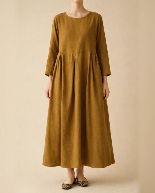 Women's Long-sleeved Big Yards Loose Cotton Linen Dress Over The Head Round Neck Knee-length Solid Color Long A-line Skirt | JRSEE:4073975b-a989-4dc8-a074-bdd3442059b9