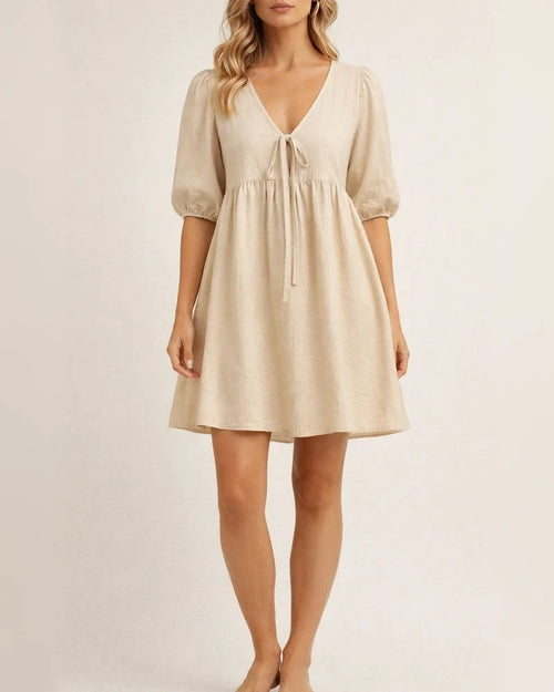Women's Loose Woven Deep V-Neck Design Tie A Hem Solid Color Dresses | JRSEE:84470e00-9825-4aa3-99f3-feeab540b857