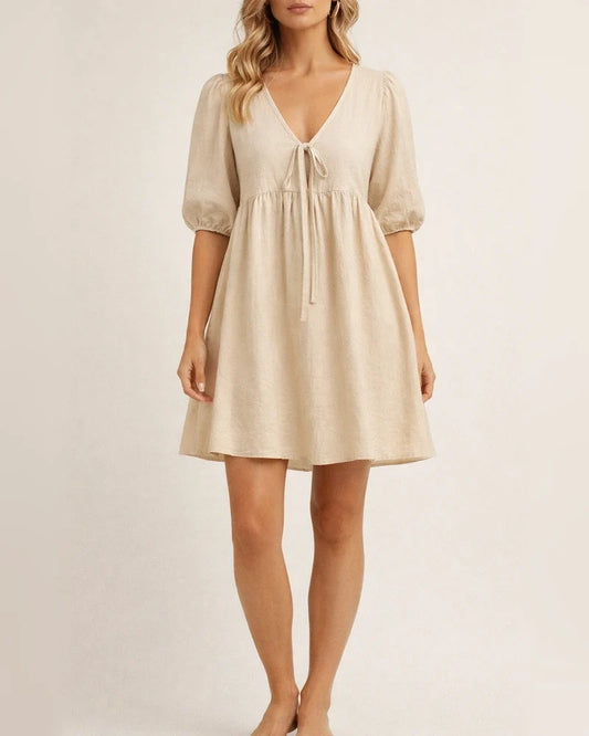 Women's Loose Woven Deep V-Neck Design Tie A Hem Solid Color Dresses | JRSEE:84470e00-9825-4aa3-99f3-feeab540b857