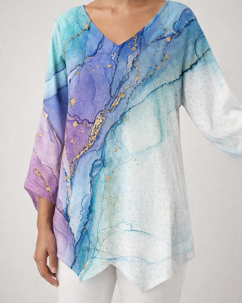 Women's New 3D Printed Natural Scenery V-neck Nine-minute Sleeve Loose Shirt | JRSEE:1029b23c-4758-4140-9804-31442be84377