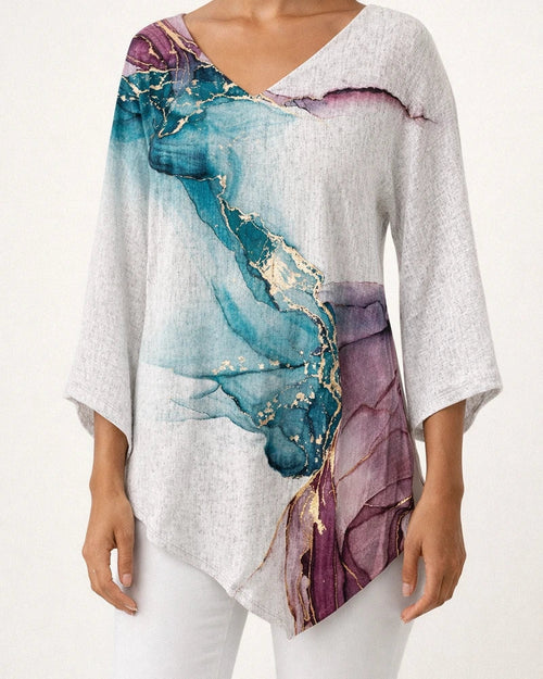Women's New 3D Printed V-neck Nine-minute Sleeve Loose Shirt | JRSEE:f1eb5beb-2901-4220-9a96-037d9749f52f