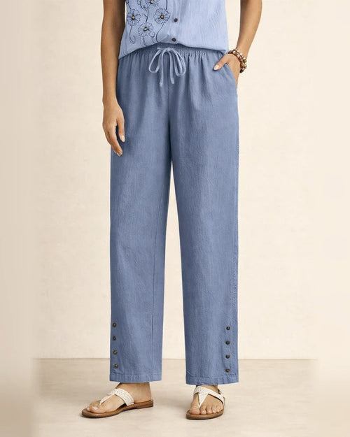 Women's New Arrival Cotton-Linen Drawstring Lace-Trimmed Button-Front Solid-Color Casual Pants | JRSEE:cfdf8fcb-9eca-4ceb-bf1e-7e91293da9a3