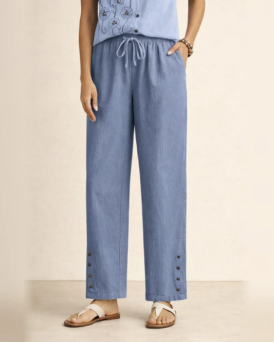 Women's New Arrival Cotton-Linen Drawstring Lace-Trimmed Button-Front Solid-Color Casual Pants | JRSEE:cfdf8fcb-9eca-4ceb-bf1e-7e91293da9a3