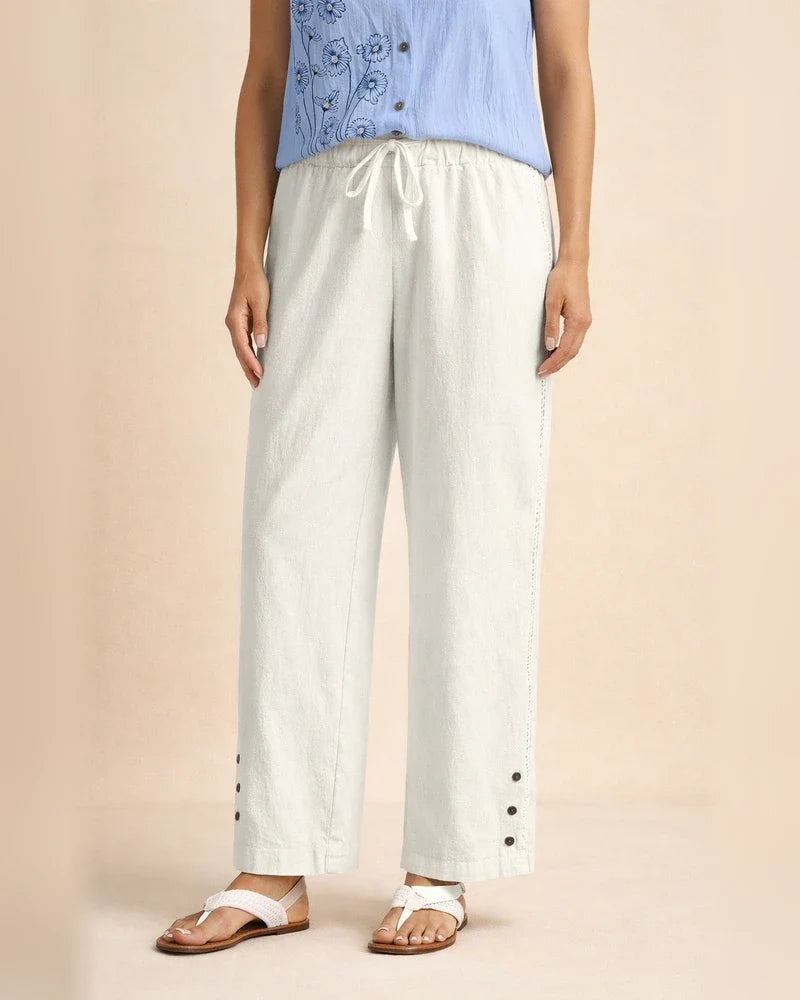 Women's New Arrival Cotton-Linen Drawstring Lace-Trimmed Button-Front Solid-Color Casual Pants | JRSEE:946bd679-5c11-4008-bb6c-066e03a42866