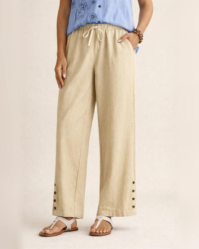 Women's New Arrival Cotton-Linen Drawstring Lace-Trimmed Button-Front Solid-Color Casual Pants | JRSEE:bc5450eb-d10e-4074-9145-f5486752c4e7