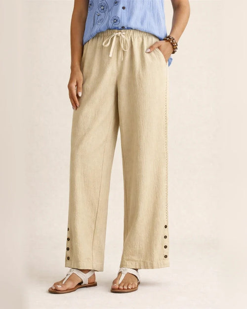 Women's New Arrival Cotton-Linen Drawstring Lace-Trimmed Button-Front Solid-Color Casual Pants | JRSEE:bc5450eb-d10e-4074-9145-f5486752c4e7