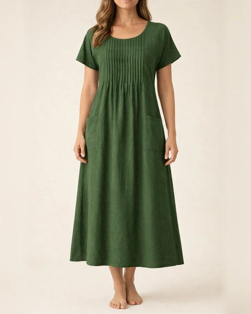 Women's New Arrival Long Dress - Solid Color Crew Neck Pocket Pleated Short Sleeve Cotton-Linen Blend Dress | JRSEE:e2a922c7-139f-4bf2-96aa-5ab3ee8d55d5
