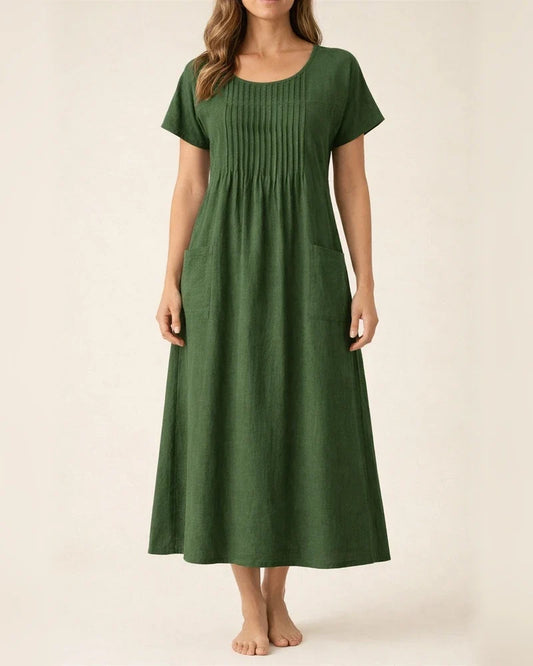 Women's New Arrival Long Dress - Solid Color Crew Neck Pocket Pleated Short Sleeve Cotton-Linen Blend Dress | JRSEE:e2a922c7-139f-4bf2-96aa-5ab3ee8d55d5