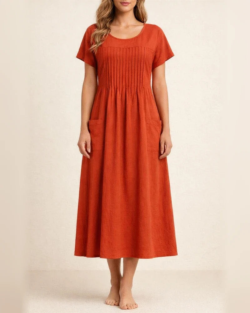 Women's New Arrival Long Dress - Solid Color Crew Neck Pocket Pleated Short Sleeve Cotton-Linen Blend Dress | JRSEE:bccb4b0e-f29d-414e-b294-16631278b2a2
