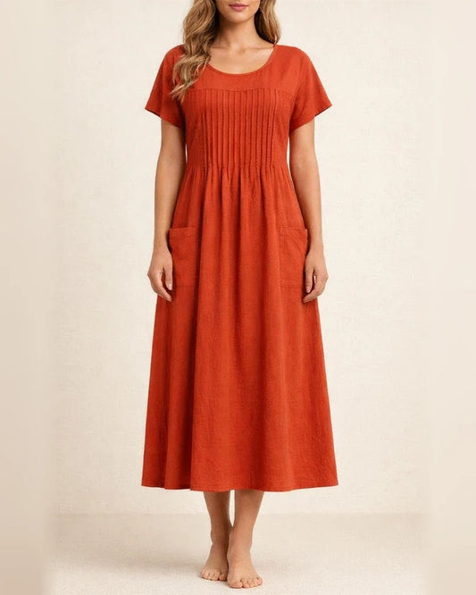 Women's New Arrival Long Dress - Solid Color Crew Neck Pocket Pleated Short Sleeve Cotton-Linen Blend Dress | JRSEE:bccb4b0e-f29d-414e-b294-16631278b2a2
