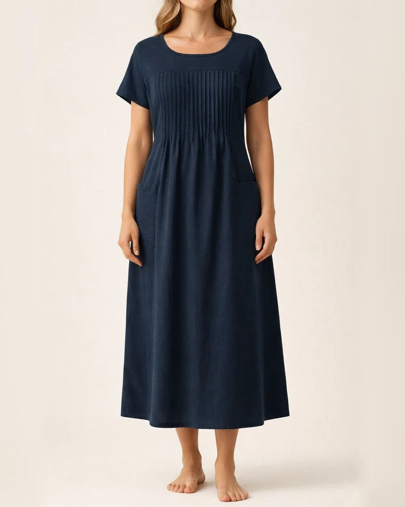 Women's New Arrival Long Dress - Solid Color Crew Neck Pocket Pleated Short Sleeve Cotton-Linen Blend Dress | JRSEE:d356dcbf-00b8-462f-aaba-c55aefdfbf84
