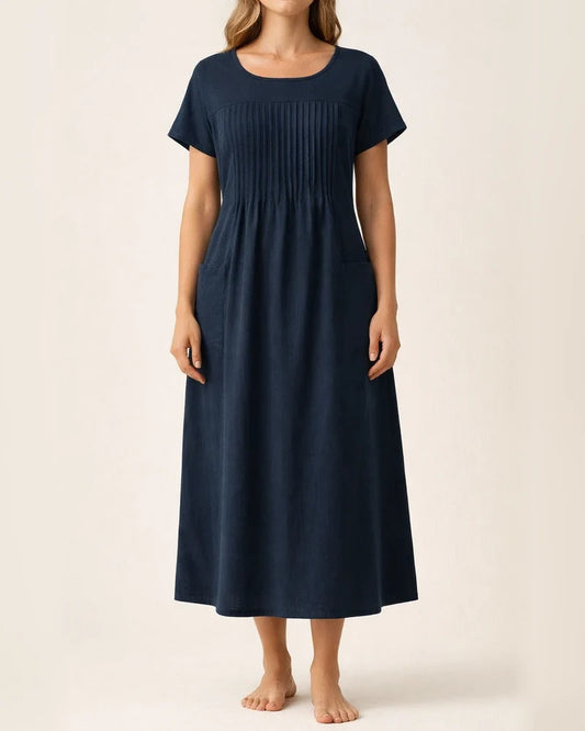 Women's New Arrival Long Dress - Solid Color Crew Neck Pocket Pleated Short Sleeve Cotton-Linen Blend Dress | JRSEE:d356dcbf-00b8-462f-aaba-c55aefdfbf84