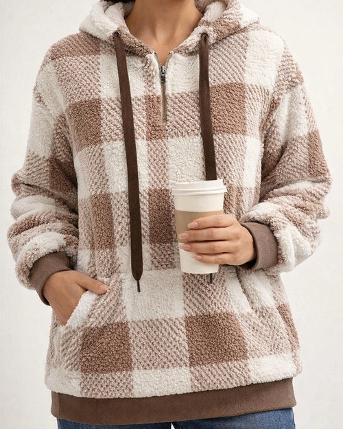 Women's New Arrival Long-Sleeve Hooded Plaid Fleece Sweatshirt for Fall/Winter | JRSEE:ea127ec9-30a7-4fe4-9589-1535bd8b8e4c