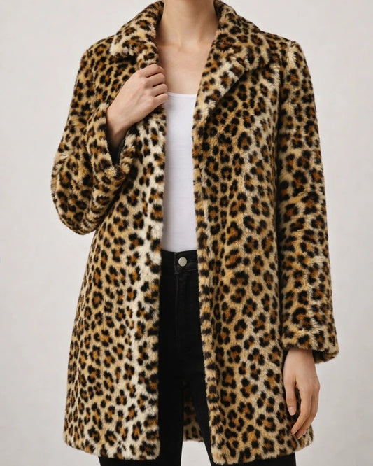 Women's New Autumn/Winter Leopard Print Suit Collar Mid-Length Faux Fur Coat | JRSEE:18d893c6-ddd5-45b4-ae41-0dab4927dc69