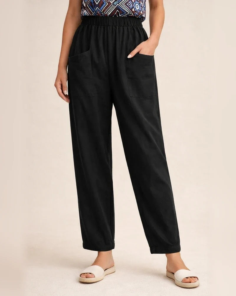 Women's New Cotton and Linen Nine-minute Trousers Elasticated Waist Casual Trousers Pocket Small Leg Trousers | JRSEE:adf9d8d3-3ece-46c2-b93d-4bae89c3d55a