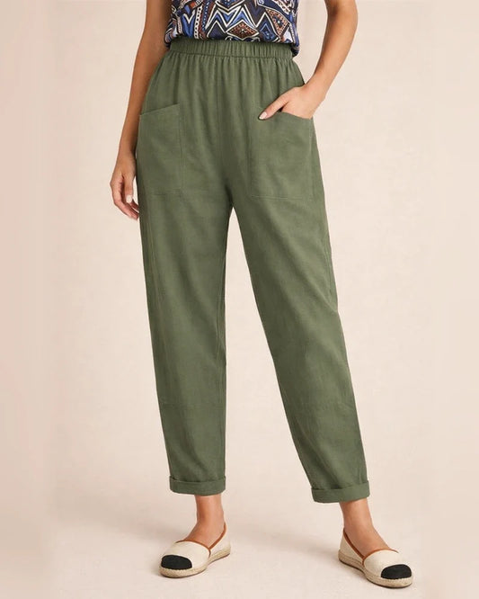 Women's New Cotton and Linen Nine-minute Trousers Elasticated Waist Casual Trousers Pocket Small Leg Trousers | JRSEE:8774cbf6-3342-4db7-a969-ccd40e07da67