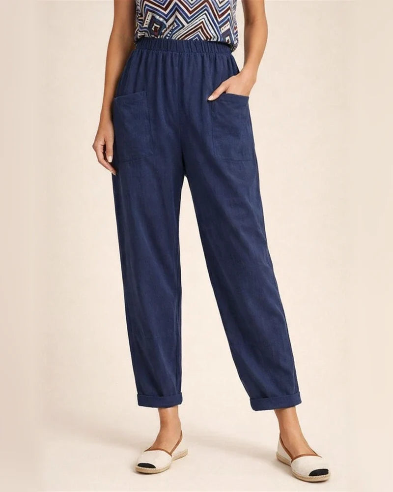 Women's New Cotton and Linen Nine-minute Trousers Elasticated Waist Casual Trousers Pocket Small Leg Trousers | JRSEE:e9047207-8ab3-4a3e-b09c-0371ea418bc4
