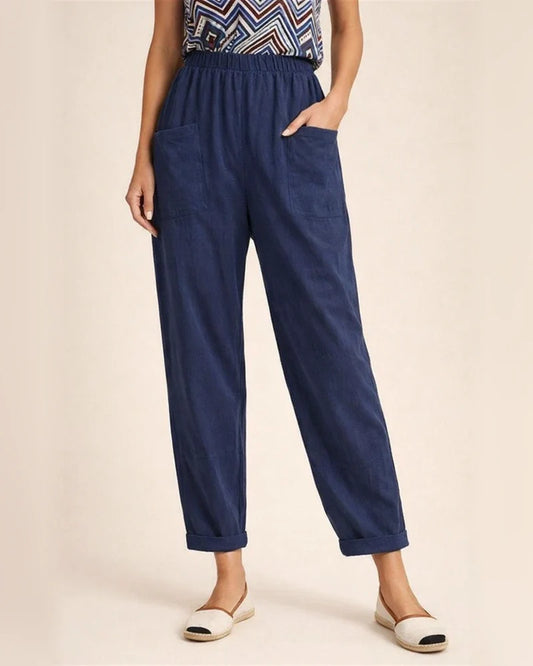 Women's New Cotton and Linen Nine-minute Trousers Elasticated Waist Casual Trousers Pocket Small Leg Trousers | JRSEE:e9047207-8ab3-4a3e-b09c-0371ea418bc4