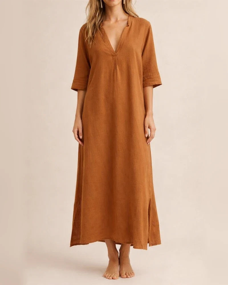 Women's New Fall and Winter Fashion Retro Comfortable Casual Printed V-neck Senior Sense of Cotton Linen Dress Female | JRSEE:a1390707-0f72-4cbb-98e1-de59fd43e290