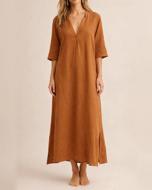 Women's New Fall and Winter Fashion Retro Comfortable Casual Printed V-neck Senior Sense of Cotton Linen Dress Female | JRSEE:a1390707-0f72-4cbb-98e1-de59fd43e290
