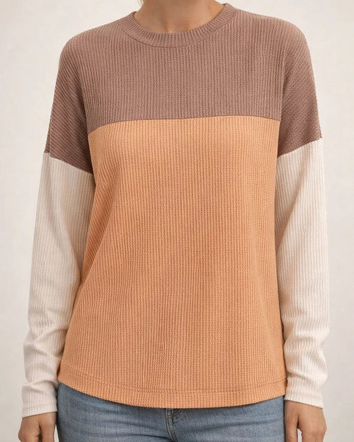 Women's New Fall and Winter Round Neck Twisted Strips Color Blocking Long-sleeved Loose T-shirt | JRSEE:fa4dd664-f1d4-48c2-afdb-7e9578fcba0f