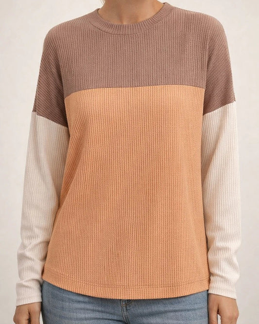 Women's New Fall and Winter Round Neck Twisted Strips Color Blocking Long-sleeved Loose T-shirt | JRSEE:fa4dd664-f1d4-48c2-afdb-7e9578fcba0f