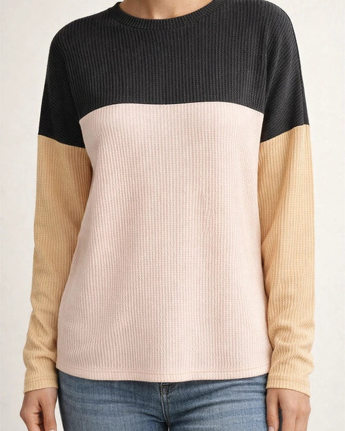 Women's New Fall and Winter Round Neck Twisted Strips Color Blocking Long-sleeved Loose T-shirt | JRSEE:5e77eabe-722a-4428-8dcb-e67ffd7df3a5