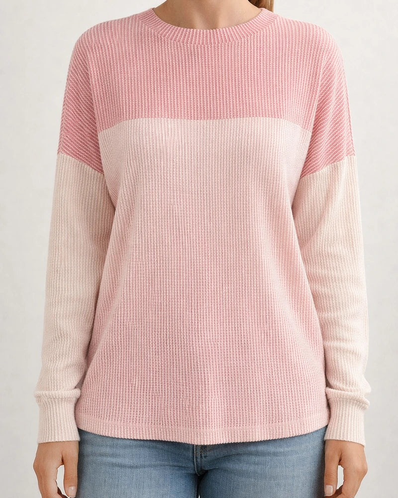 Women's New Fall and Winter Round Neck Twisted Strips Color Blocking Long-sleeved Loose T-shirt | JRSEE:4db1232f-f2e7-48d3-bbbe-c0e3d31bf150