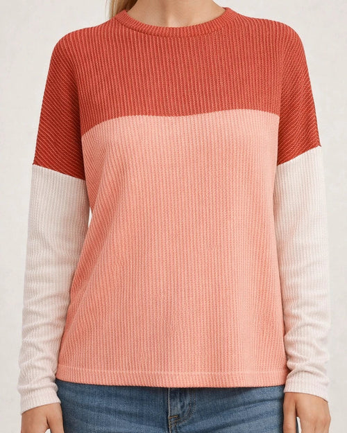 Women's New Fall and Winter Round Neck Twisted Strips Color Blocking Long-sleeved Loose T-shirt | JRSEE:37815eaf-80e4-4547-bde1-d1331e73e5ae