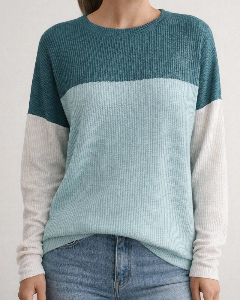 Women's New Fall and Winter Round Neck Twisted Strips Color Blocking Long-sleeved Loose T-shirt | JRSEE:c282d06b-d1b9-4eec-9d32-4997dff2bc7b