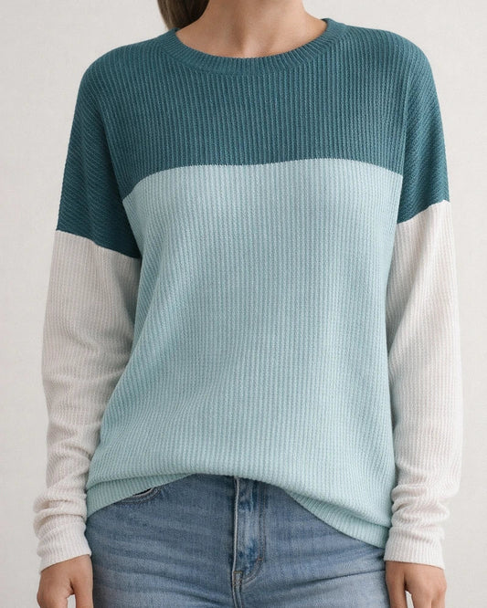 Women's New Fall and Winter Round Neck Twisted Strips Color Blocking Long-sleeved Loose T-shirt | JRSEE:c282d06b-d1b9-4eec-9d32-4997dff2bc7b