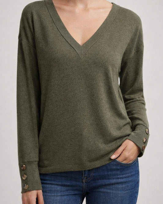 Women's New Fall and Winter Solid Color V-neck Loose Long-sleeved T-shirt | JRSEE:dbf278b3-020e-4ea1-b734-a9eade15a113
