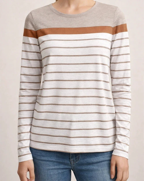 Women's New Fall Retro Khaki Striped Long-Sleeve T-Shirt | JRSEE:90c4d4e4-6b52-4cc0-96e4-7e6b5c3ea781